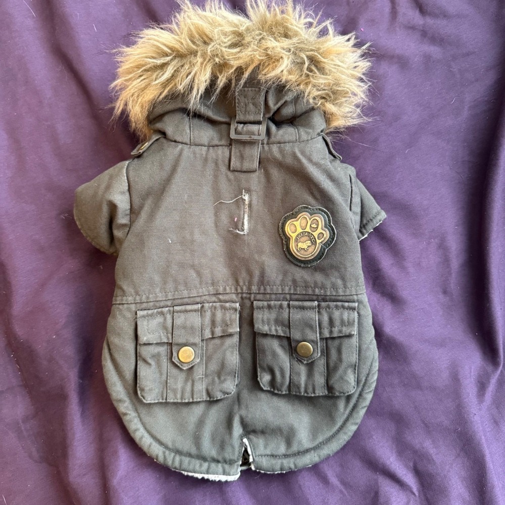 Canada Pooch Olive Green Sherpa Lined Dog Parka Coat with Faux Fur Hood Hooded
